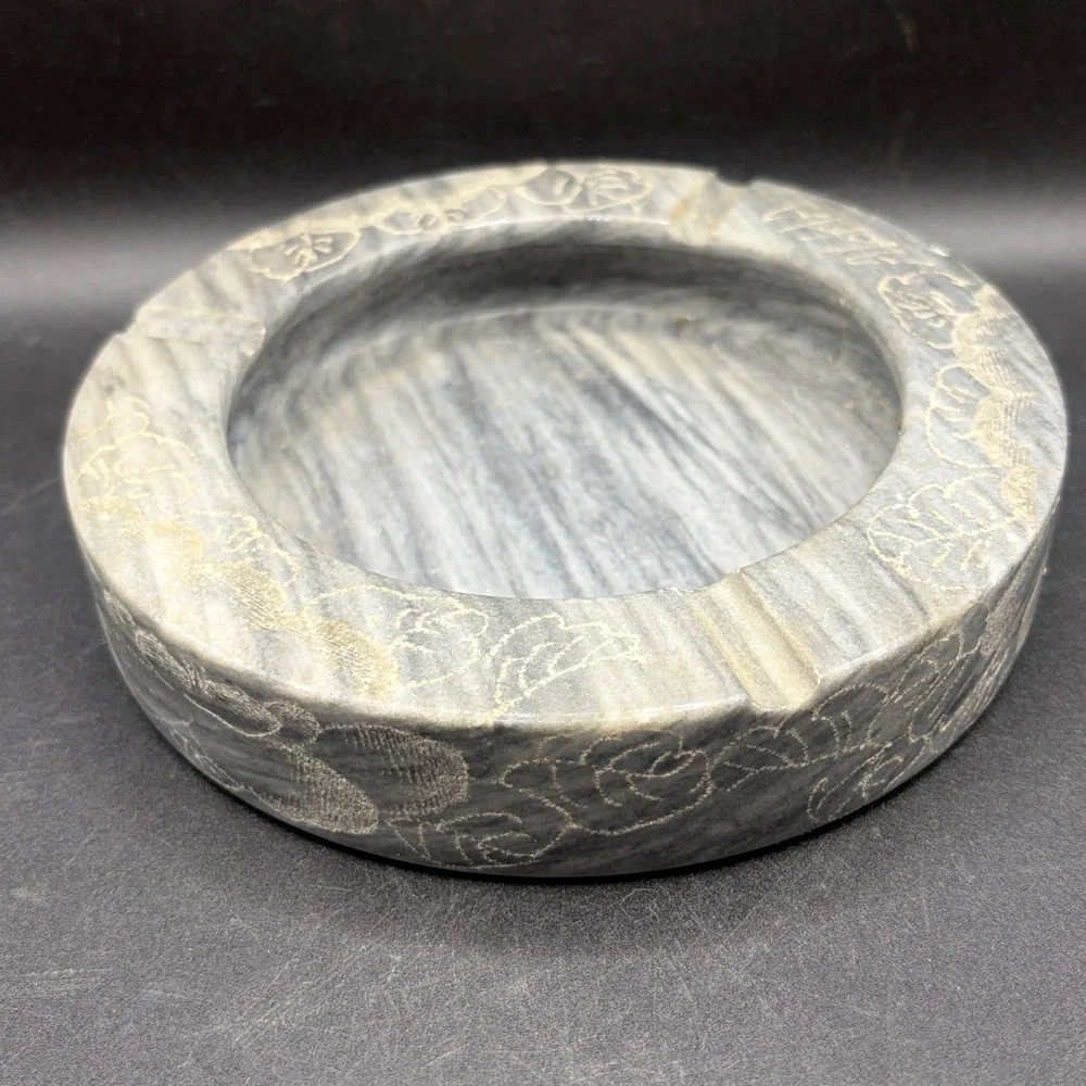 Vintage Handmade Round Etched Stone Trinket Dish Ashtray Catchall Keepsake Decor